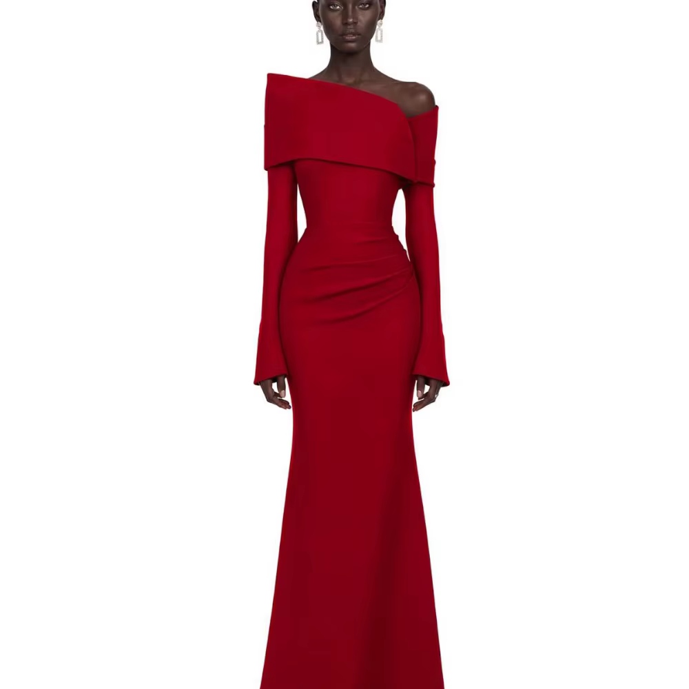 Robe de soirée sirène moderne, mode, épaules dénudées, manches longues, robes de célébrités personna
