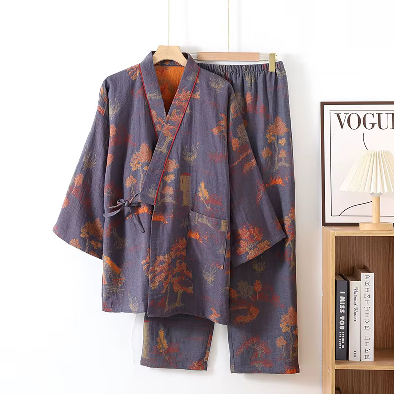 Pyjama Kimono en coton pour hommes, Robes de printemps, imprimé Jacquard, vêtements de maison, longu
