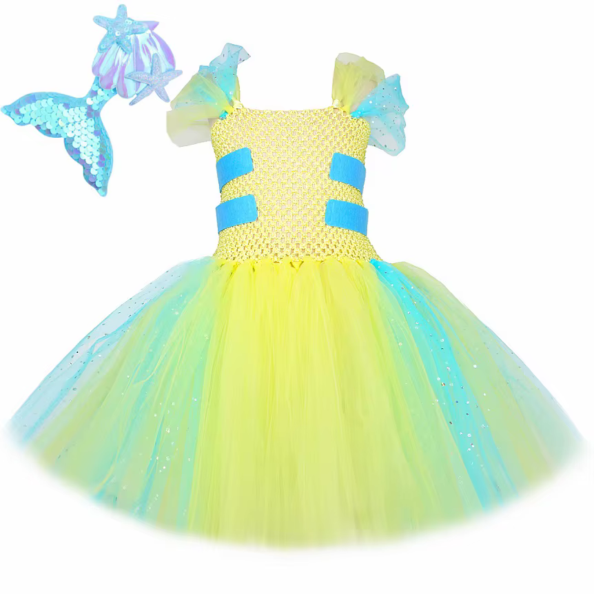 Robe Tutu de poisson à flet pour filles, robe de princesse jaune, petite sirène, costume de flet, vê