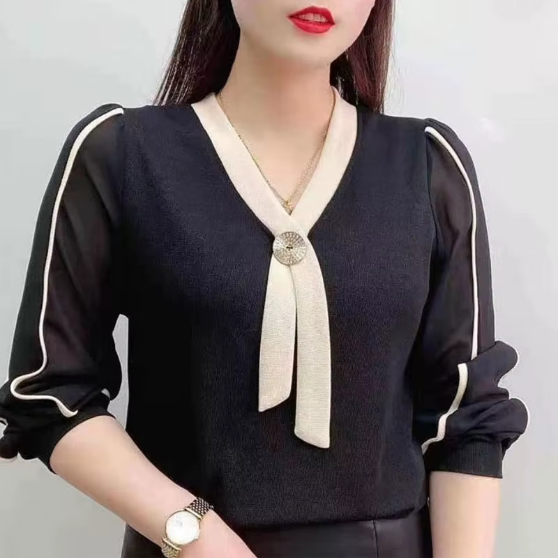 T-shirt tricoté pour femme, haut décontracté, ligne lumineuse, couleur unie, nœud décoratif, mode, b