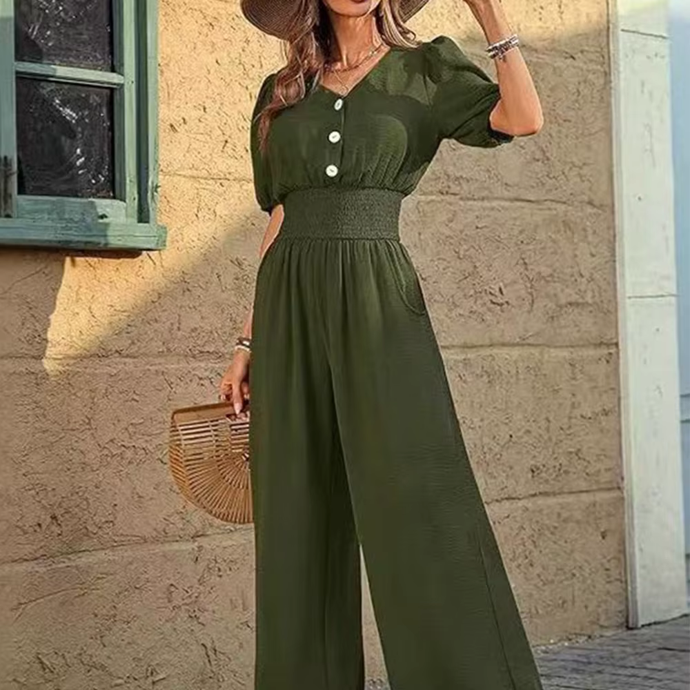 Combinaison élégante pour femme, col en V, taille cintrée, coupe ample