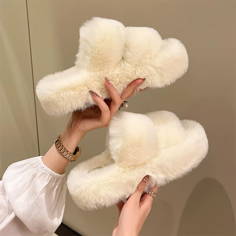 Pantoufles à plateforme à double bande pour femmes, chaussures d'intérieur chaudes à semelle épaisse