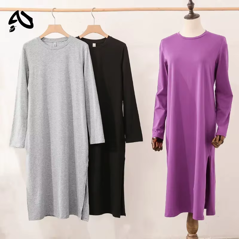 Robe longue décontractée en coton pour femme, ample, à manches longues, col rond, couleur unie, styl