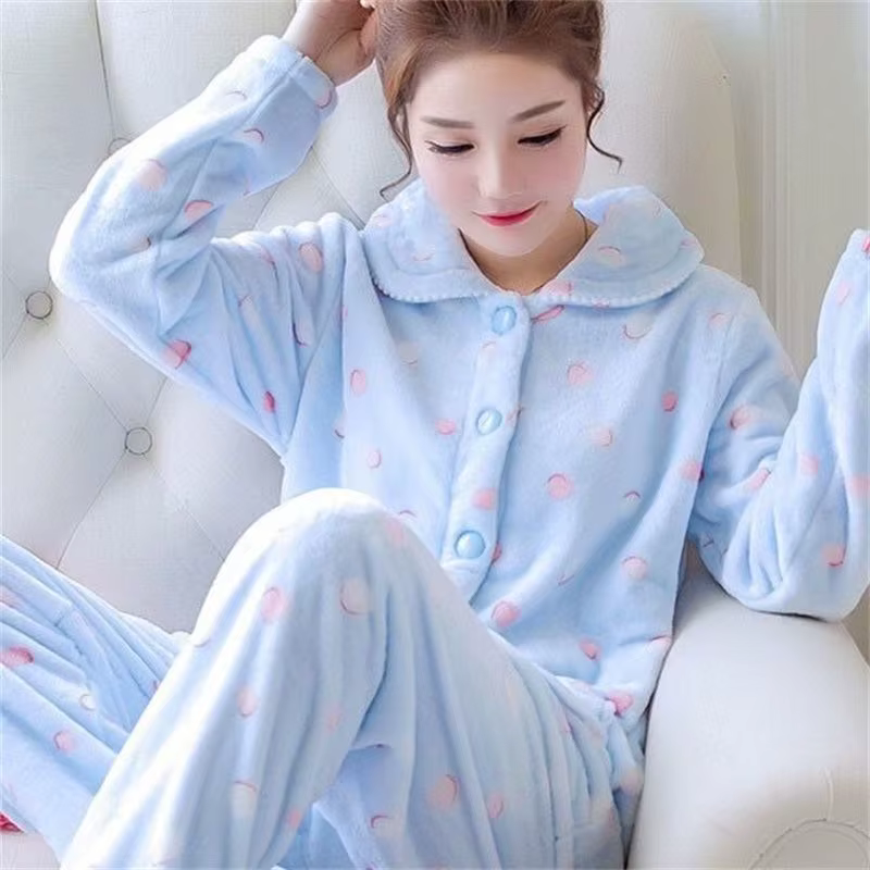 Ensemble de pyjama en flanelle polaire pour femmes, imprimé de dessins animés mignons, col à revers,