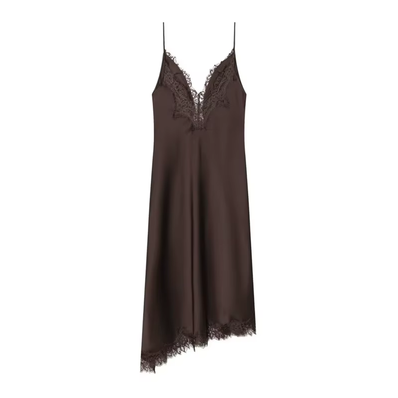 Robe Femme 2026 Nouvelle Collection Printemps-Été en Dentelle et Satin Texturé Marron Asymétrique – 