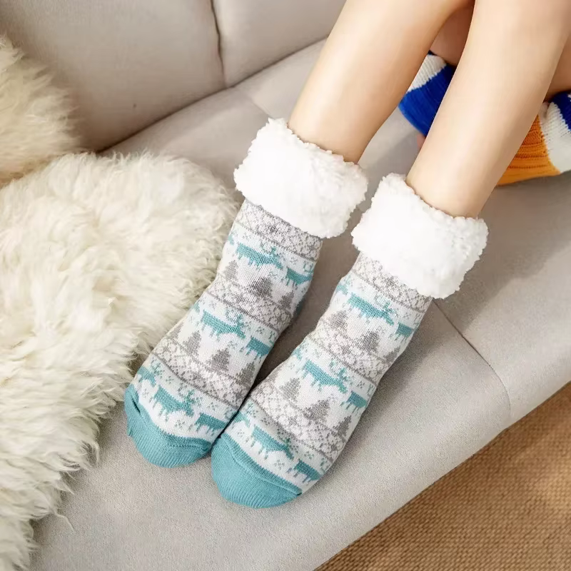 Cadeau de noël pantoufle chaussettes femmes thermique hiver chaud en peluche antidérapant poignée do