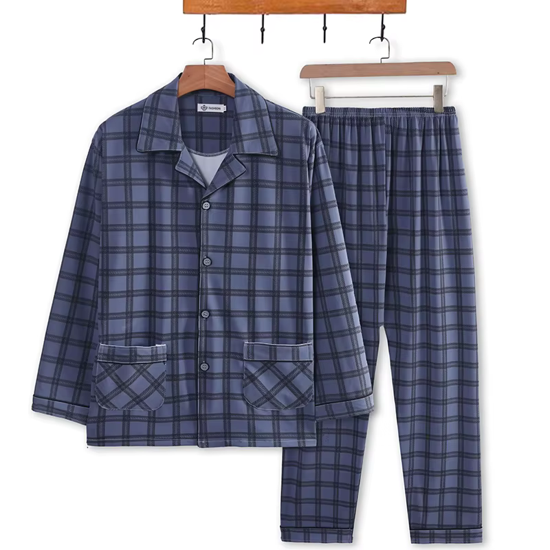 Pyjama pour hommes printemps automne et hiver imprimé à carreaux à manches longues décontracté vêtem