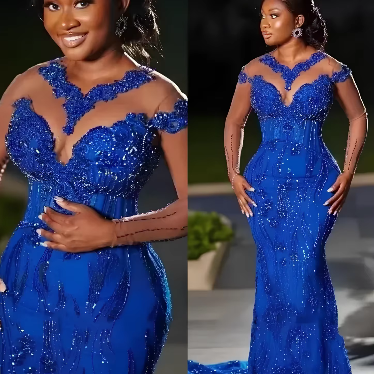 Robe de bal Aso Ebi bleu royal, Illusion de perles lourdes, style sirène, manches longues, robe de r