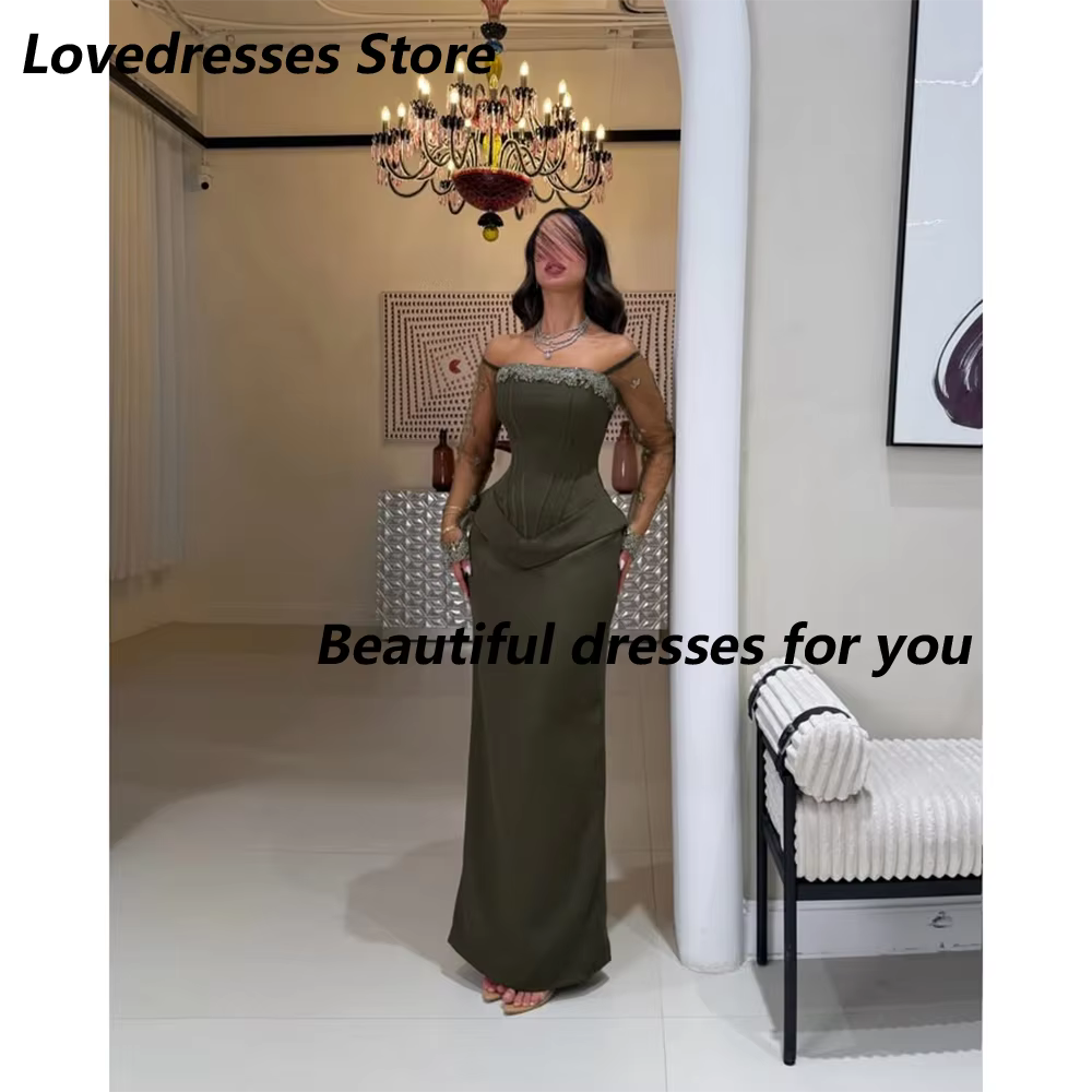 Robe de soirée vert olive personnalisée, épaules dénudées, manches longues transparentes, corset per