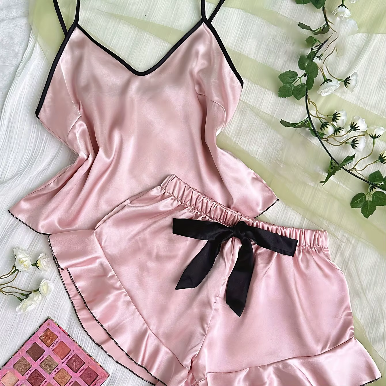 Pyjama en satin lisse pour femme, ensemble t-shirt col en V à bords volantés et short à nœuds, simpl