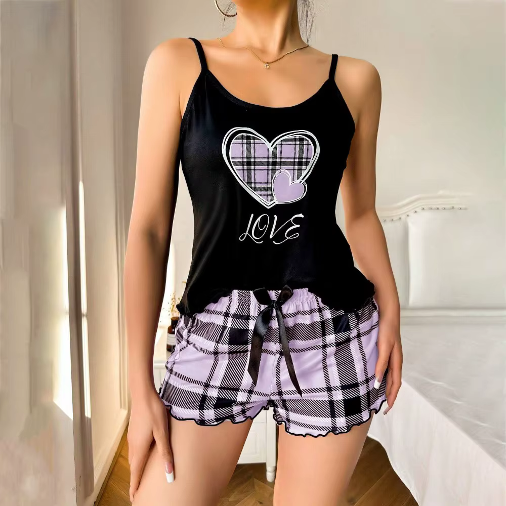 Ensemble de pyjama femme tendance motif cœur avec nœud, deux pièces, confortable, pour la maison, ca
