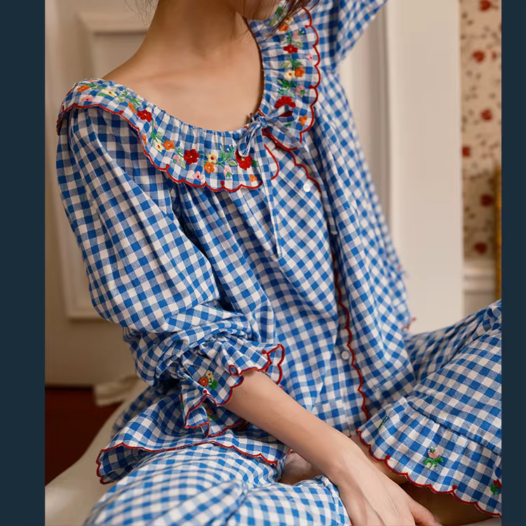 Ensemble de pyjama long à manches longues en coton 100% à carreaux, ample, doux, avec bordure brodée