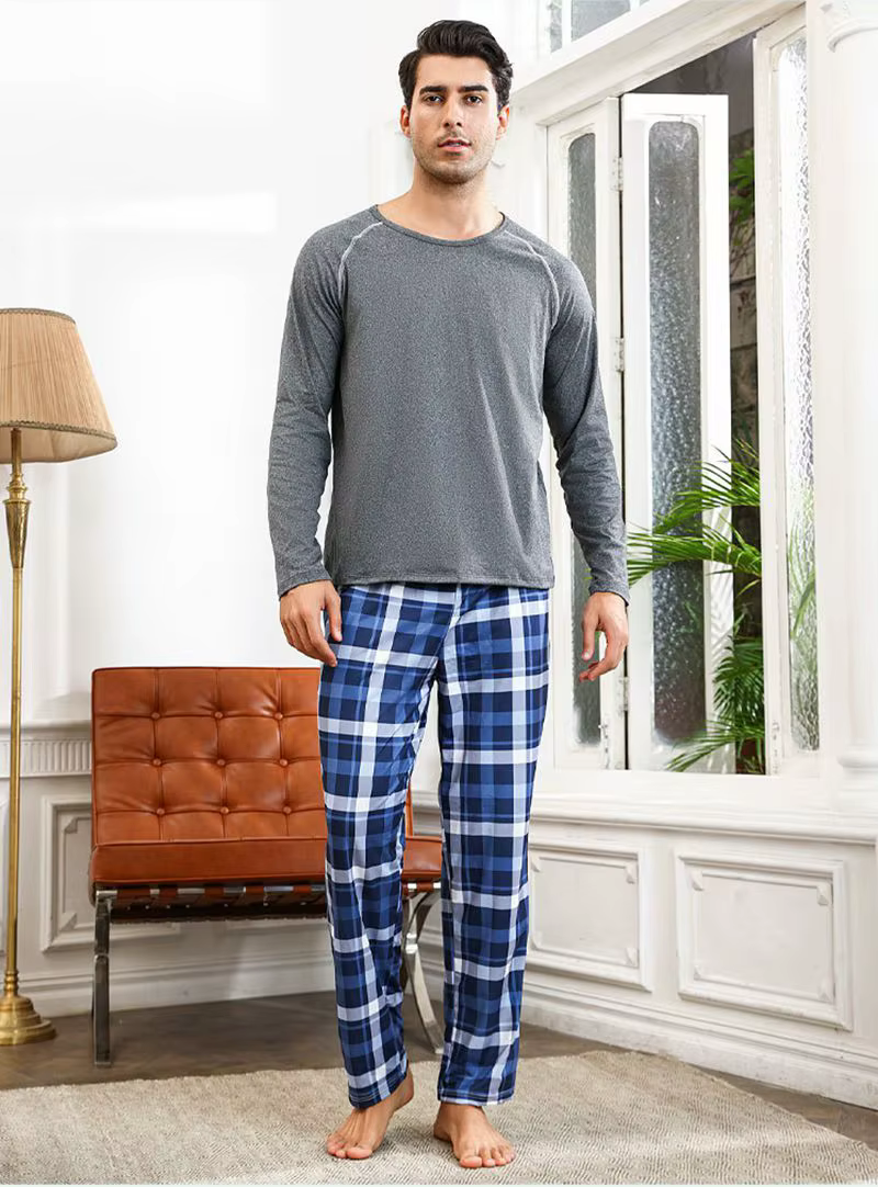 Ensemble pyjama imprimé à carreaux pour hommes, Style décontracté, manches longues, col rond, haut e