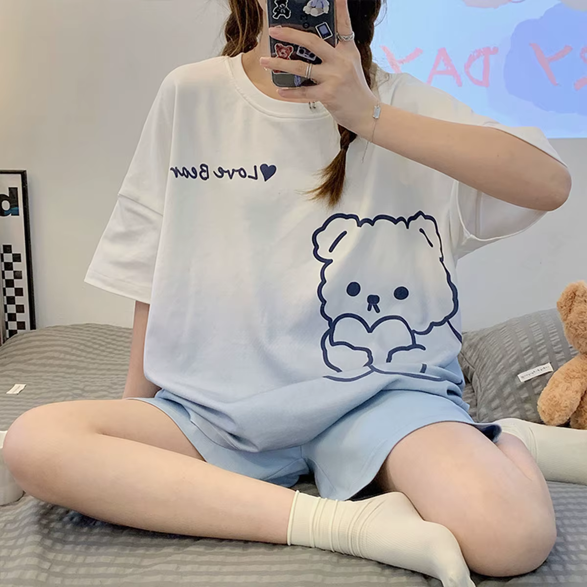 Ensemble de pyjama décontracté pour femme à manches courtes, motif ours de dessin animé, dégradé, po