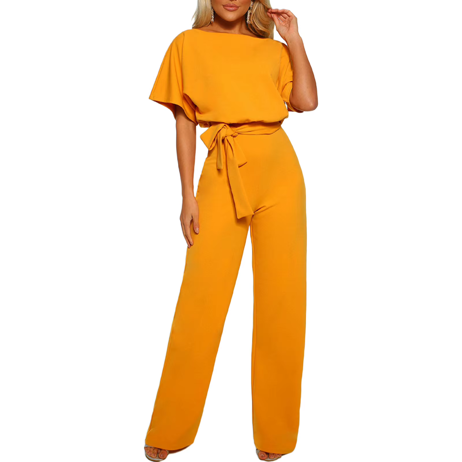Combinaisons élégantes pour femmes, couleur unie, manches courtes évasées, cravate à la taille, pant