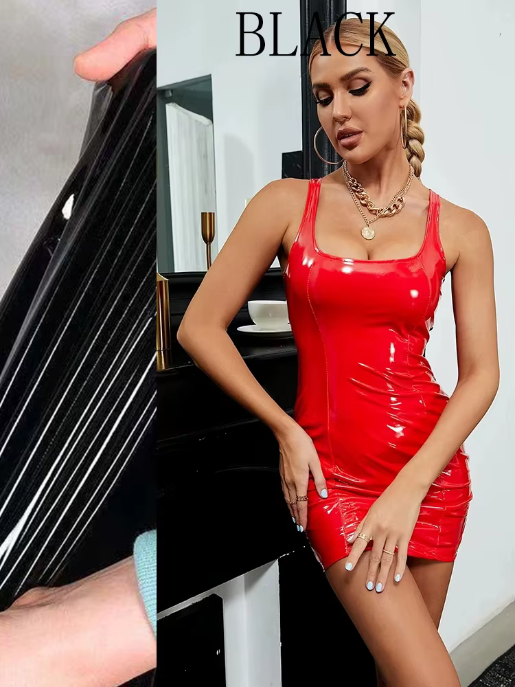 Robe mini sans manches en similicuir pour femme, sexy, style licou, moulante, pour soirée et club, e
