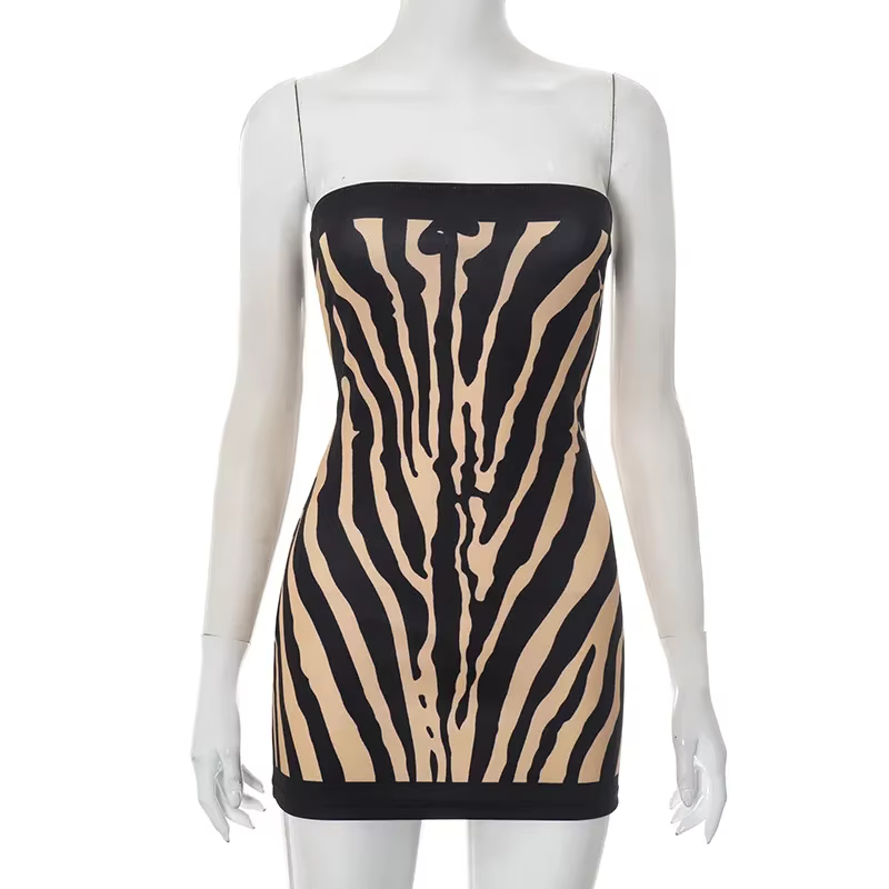 Mini robe trapèze sans bretelles, dos nu, pour vacances à la plage, tenues pour femmes, rayé zèbre, 