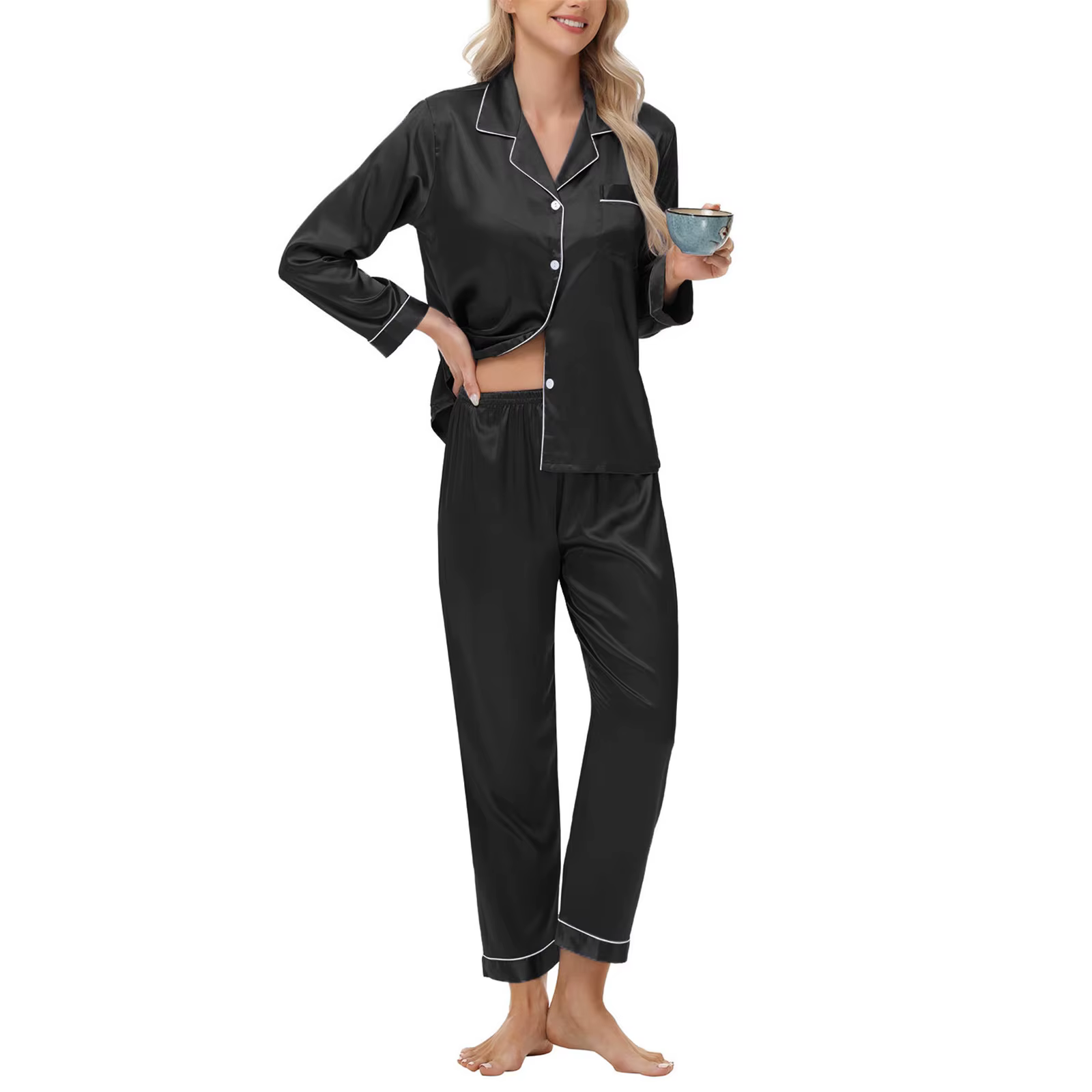 Ensemble de pyjamas pour femmes, texture satinée douce et unie, tombé soyeux, manches longues et pan