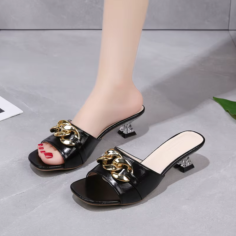 Femmes pantoufles Mules diapositives chaussures femme talons clairs sandales avec chaîne talons bas 