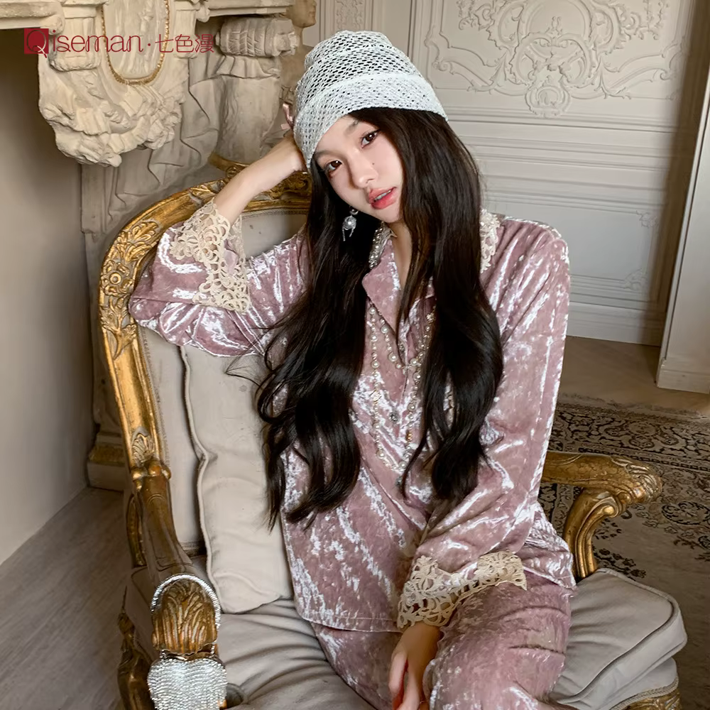 Pyjama en velours pour femme, classique, de luxe, épais, chaud, manches longues, pantalon, ensemble 