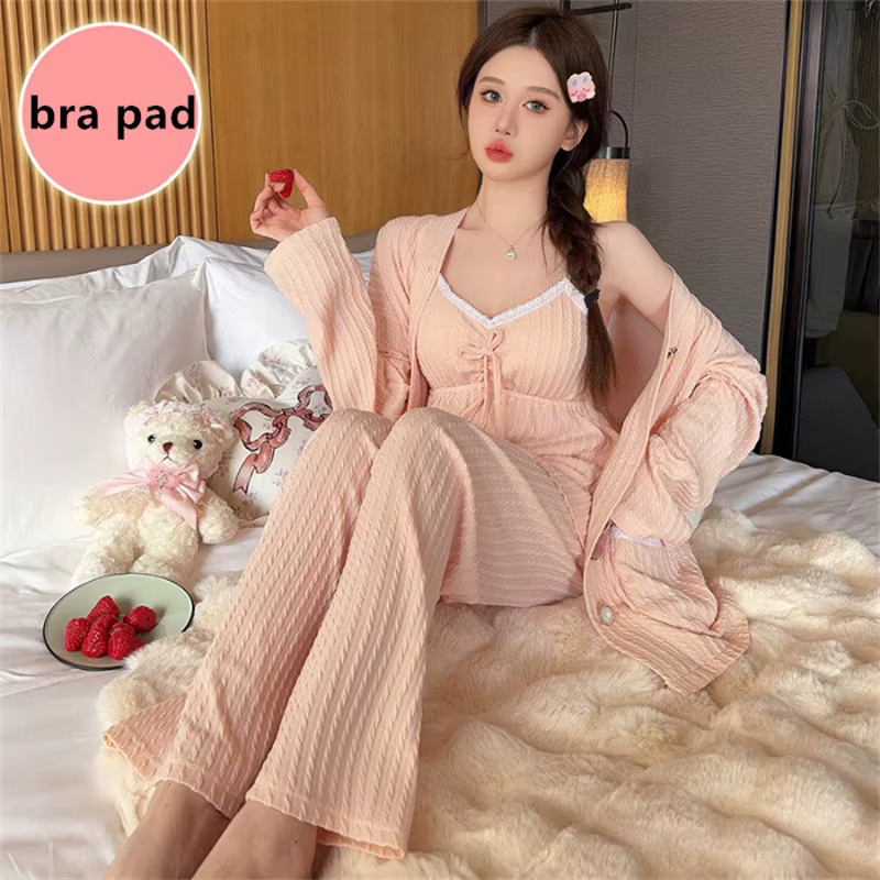 Ensemble de pyjama en coton pour femme, vêtements de nuit confortables, coussin de poitrine, vêtemen