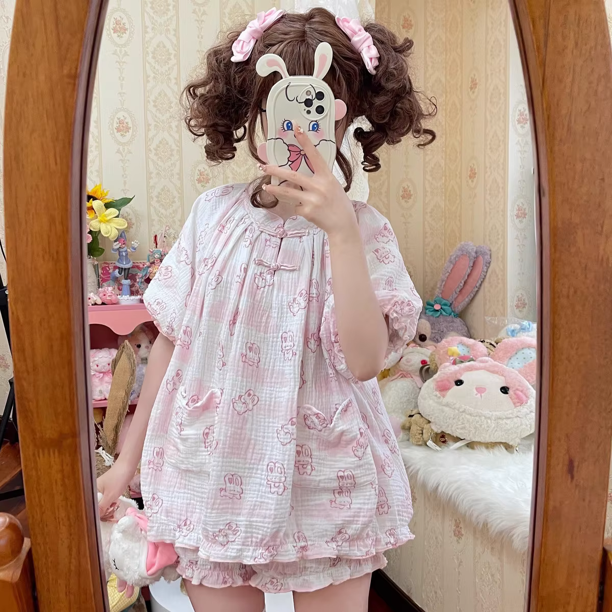 Ensemble pyjama imprimé lapin style Kawaii Lolita, haut à manches courtes et short, tenue décontract