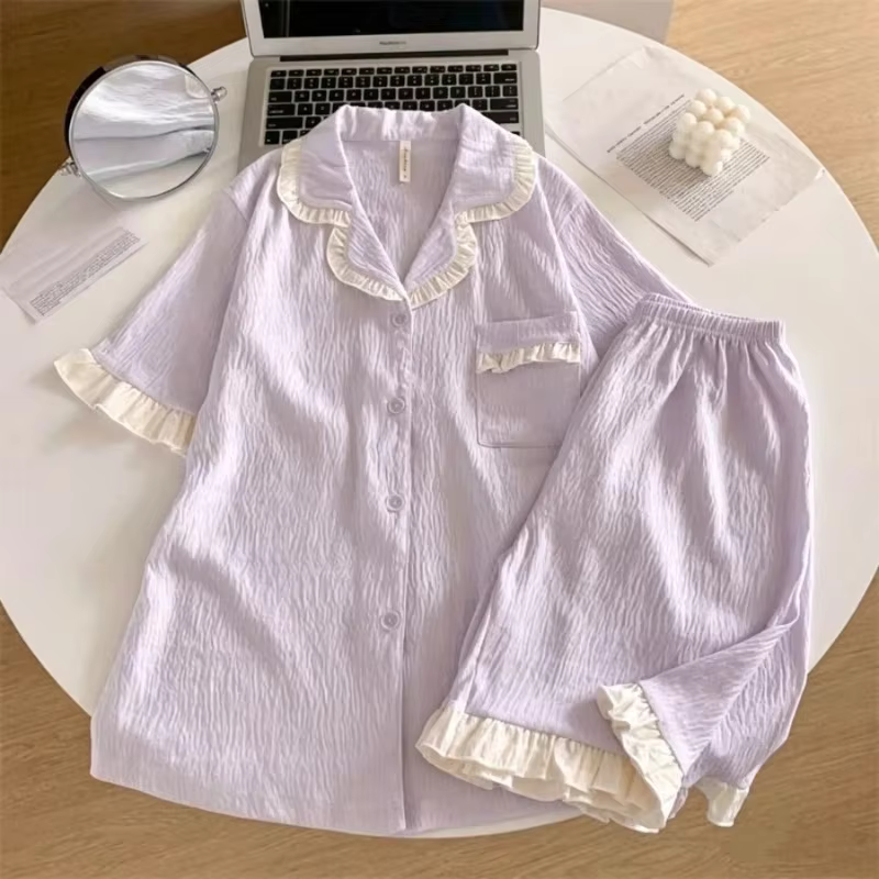 Ensemble de pyjama à volants pour femme, doux, nouvelle collection été 2026, vêtements de nuit unis,