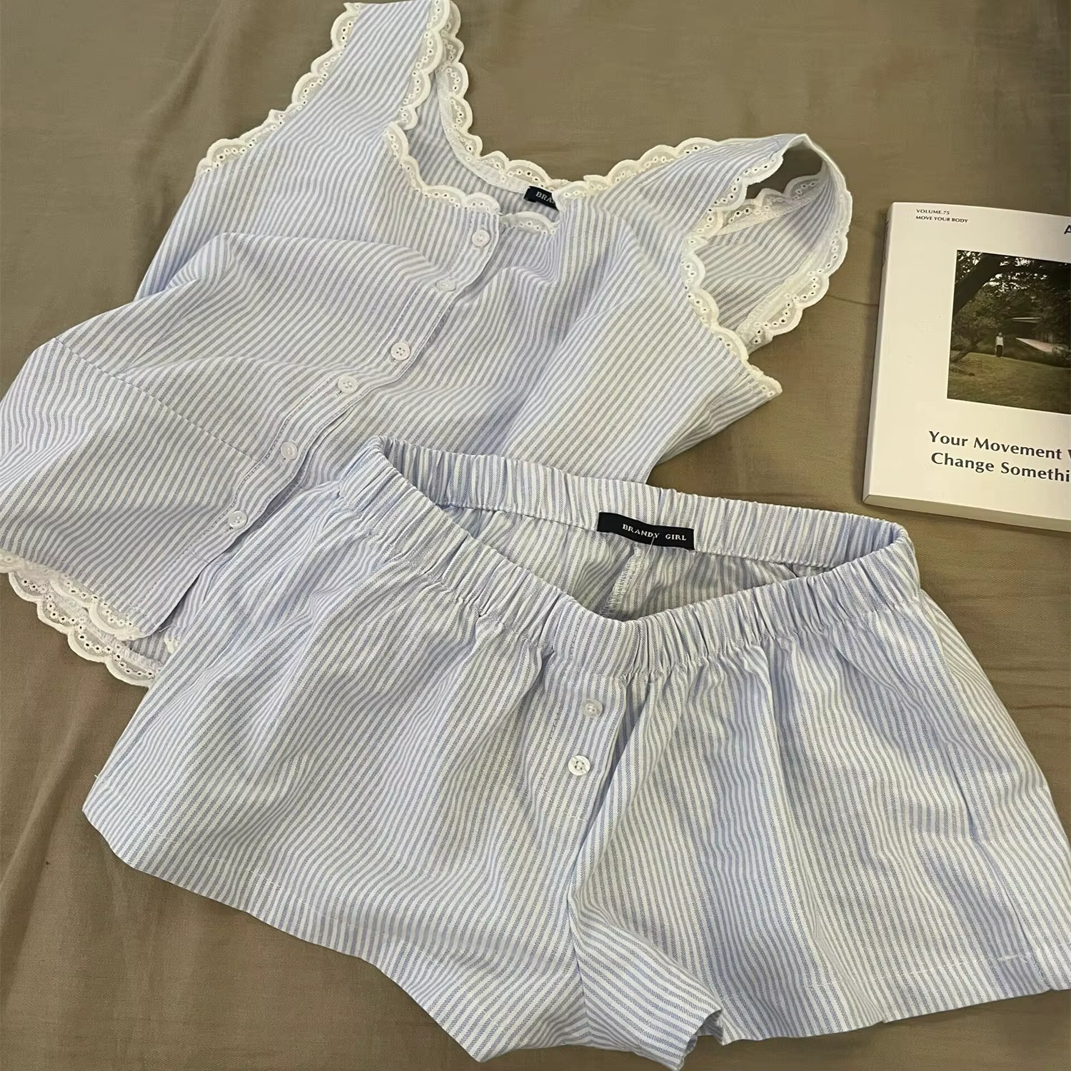 Pyjama rayé pour femmes, vêtements de nuit pour enfants, ensemble 2 pièces en dentelle, vêtements de