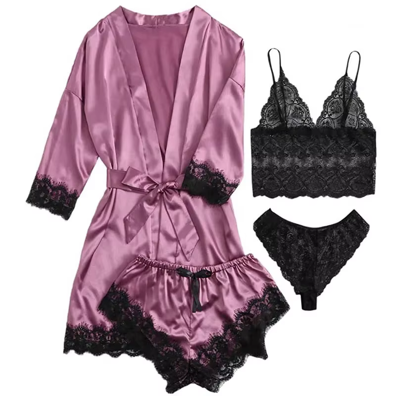 4 pièces femme vêtements de nuit pyjamas Ser avec Robe Sexy dentelle Lingerie peignoir soie Satin ma