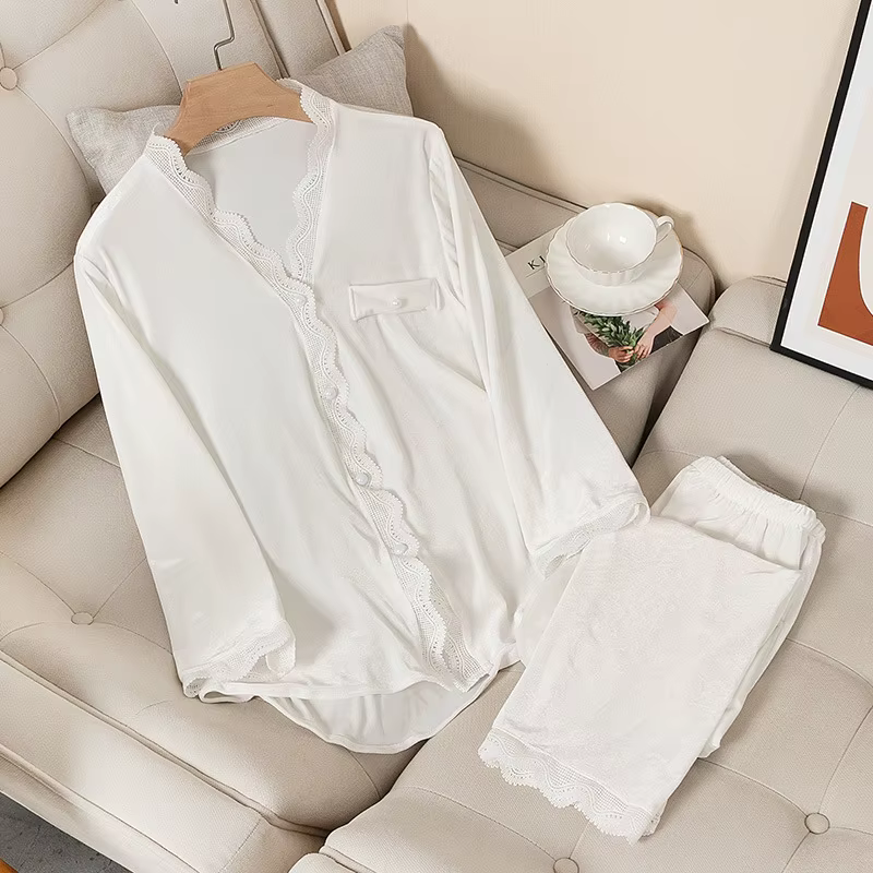 Nouveau velours vêtements de nuit femmes dentelle douce à manches longues deux pièces ensemble peut 
