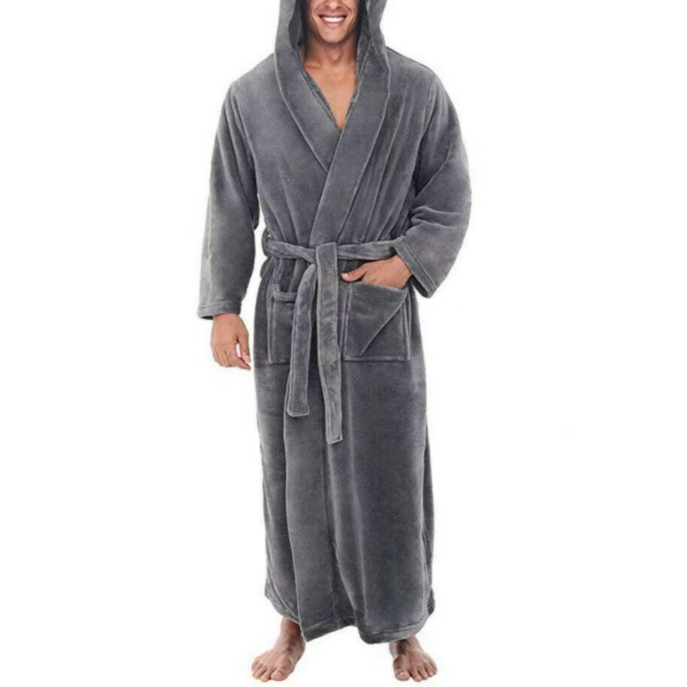 Lâche hommes flanelle Robe hiver longue Robe maison Robe vêtements de nuit couleur unie poches hiver