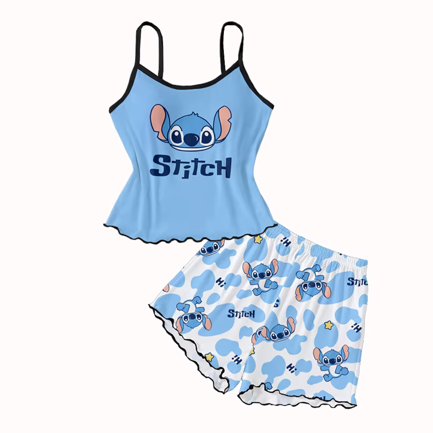 Pyjama 2 pièces Disney Stitch pour femmes, motif de dessin animé mignon, vêtements de maison, haut à