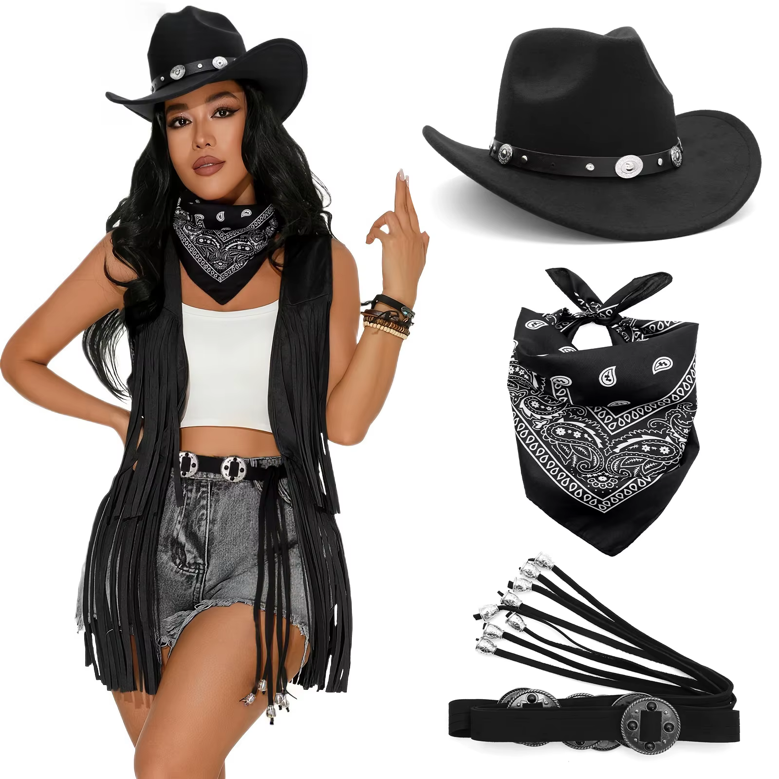 Ensemble de costume de cowgirl western pour femme : gilet, chapeau à large bord, bandana rouge à mot