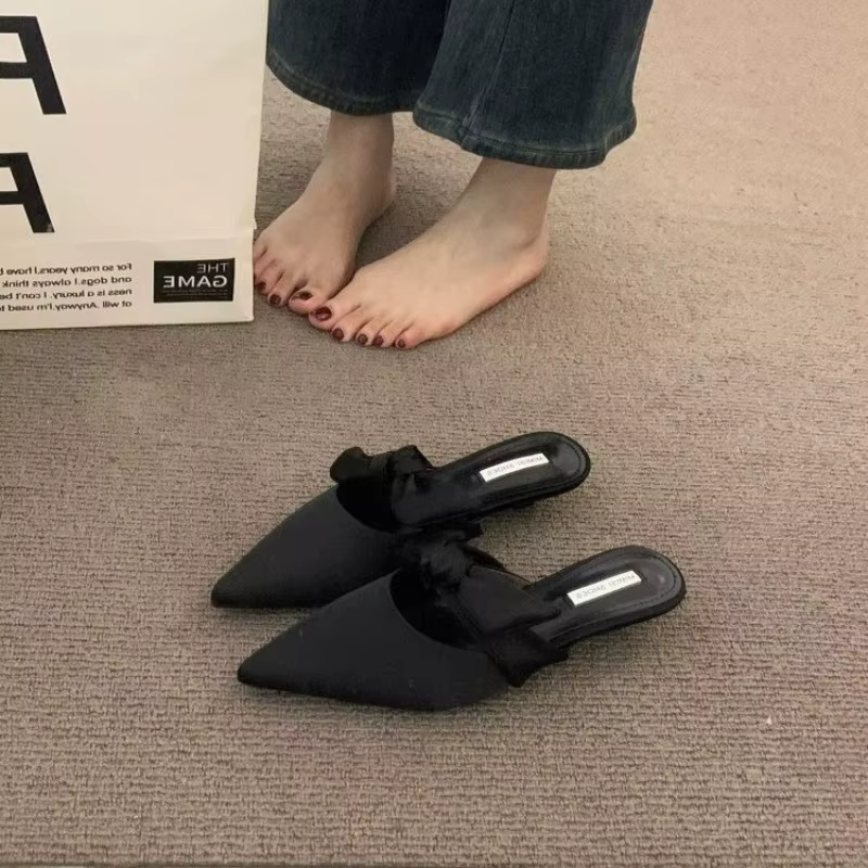 Demi-pantoufles en Satin à bout pointu pour femmes, Mules élégantes françaises, à enfiler, à talons 