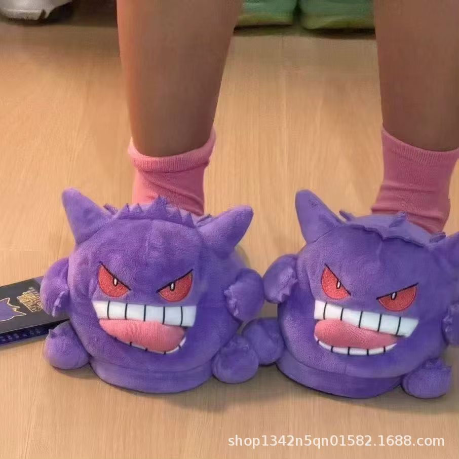 Pantoufles en peluche Pokemon Gengar, design amusant avec langue sortie, semelle souple, mignonnes, 