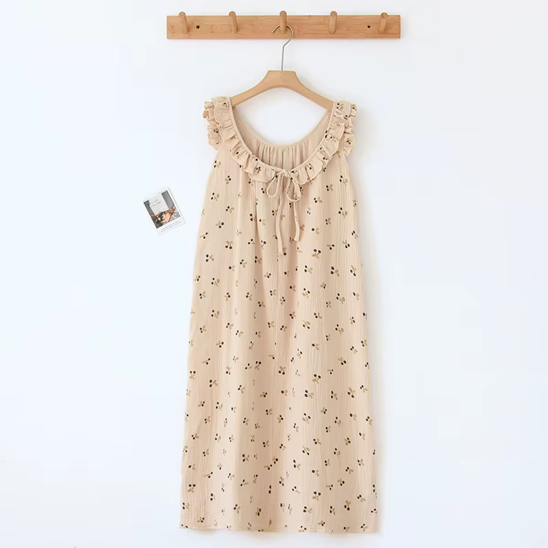 Chemise de nuit imprimée à la mode pour femmes, vêtements de nuit en coton, à volants, bord de feuil