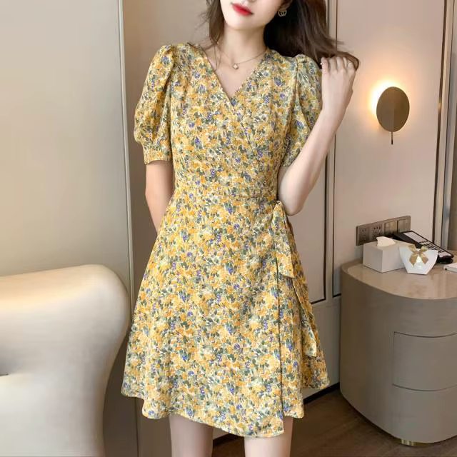 Robe Midi légère en mousseline de soie, manches bouffantes, style coréen, motif Floral, décontractée