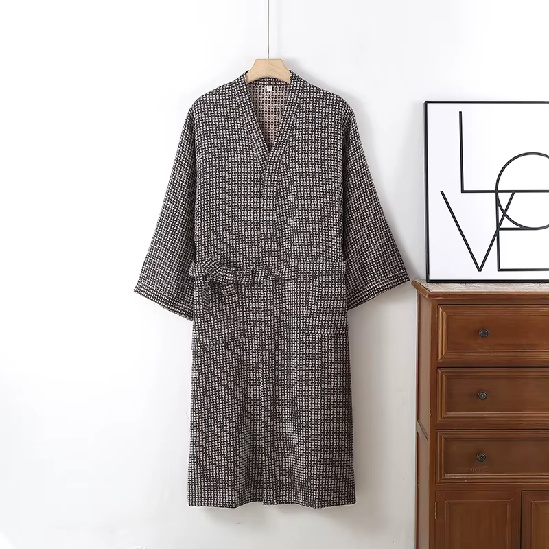 Peignoir grande taille homme Long Style coton tissu printemps et été Robe homme rayé vapeur maison R