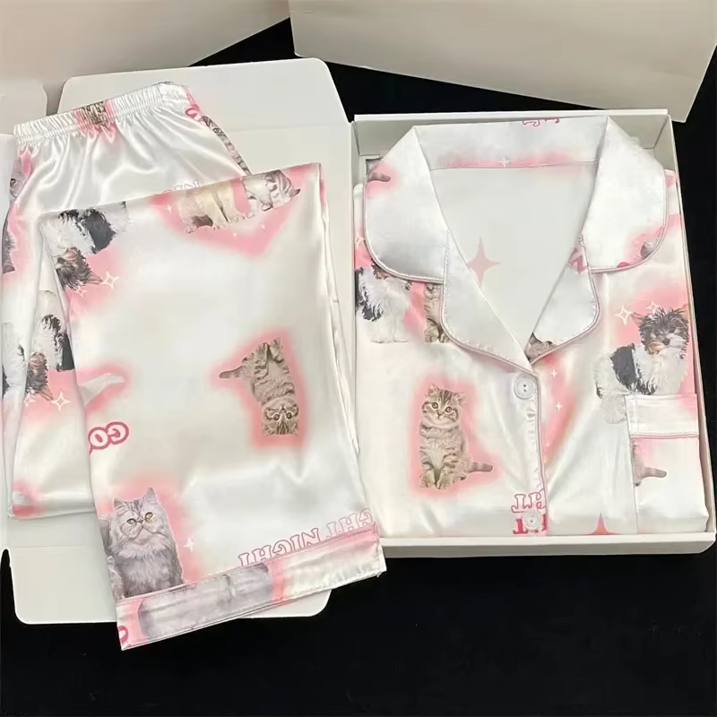 Pyjama en Satin pour Jeune Fille, Long et Court, à la Mode, Imprimé Chat Mignon, Fin, Ensemble pour