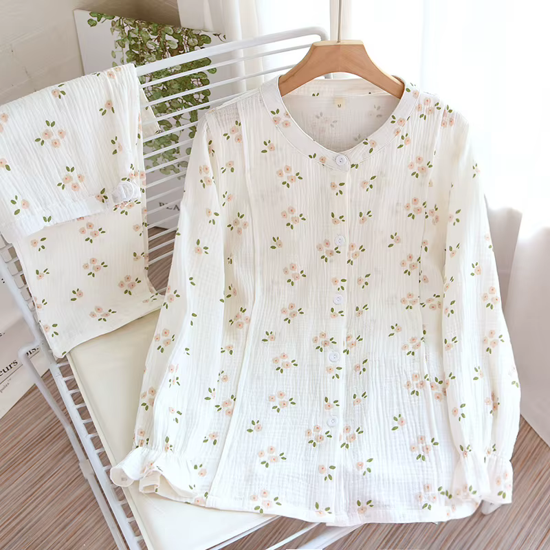 Ensemble pyjama 100% coton crêpe pour femmes, doux et respirant, vêtements de détente de maternité,