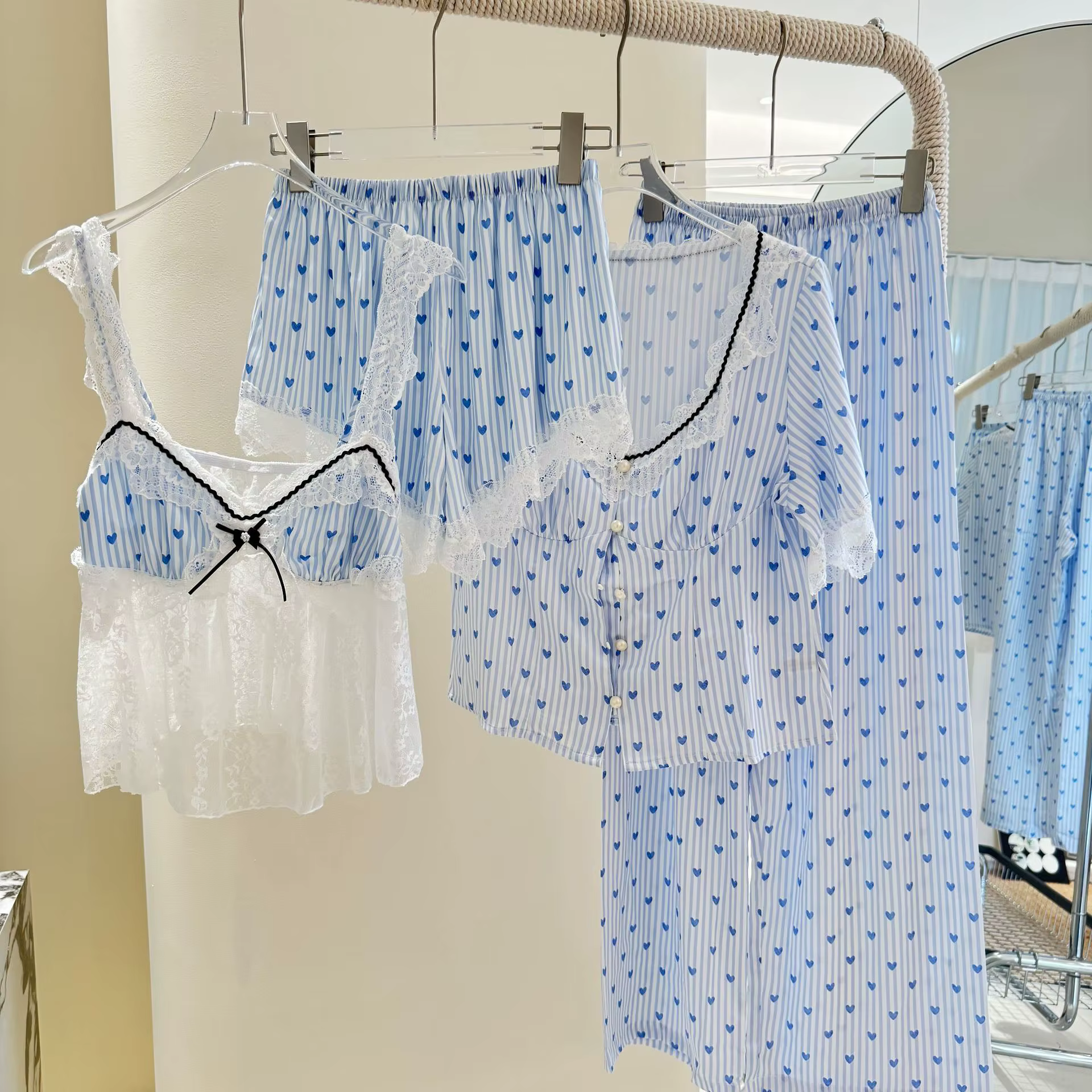 Pyjama Sexy pour femmes, ensemble 4 pièces, garniture en dentelle, Patchwork, manches courtes, vêtem