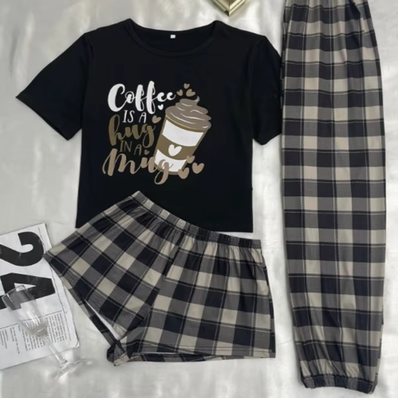 Ensemble pyjama 3 pièces confortable pour femmes, Style décontracté, manches courtes, col rond, haut