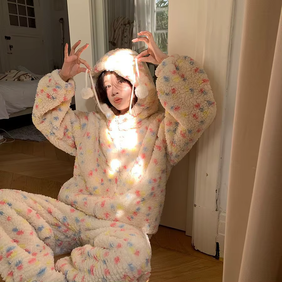 Pyjama en molleton de corail pour femme, ensemble de vêtements de détente à capuche en flanelle à po