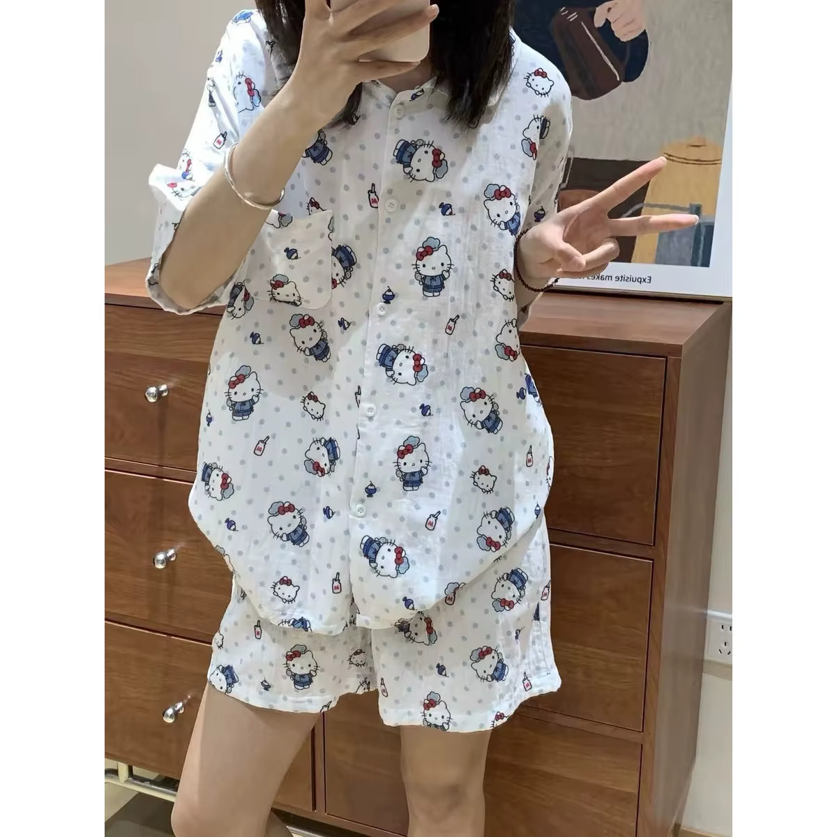 Ensemble pyjama Hello Kitty pour femmes, short à manches courtes, dessin animé, décontracté, pour ét
