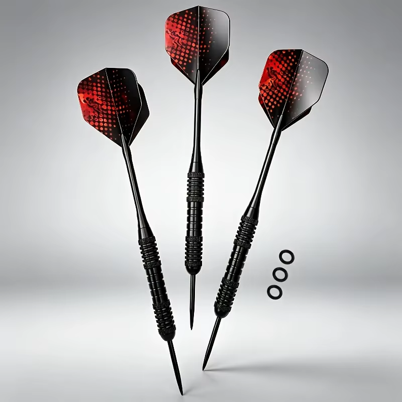 Trois fléchettes simples en fer noir avec des bords holographiques rouges, des tiges en alliage d'al
