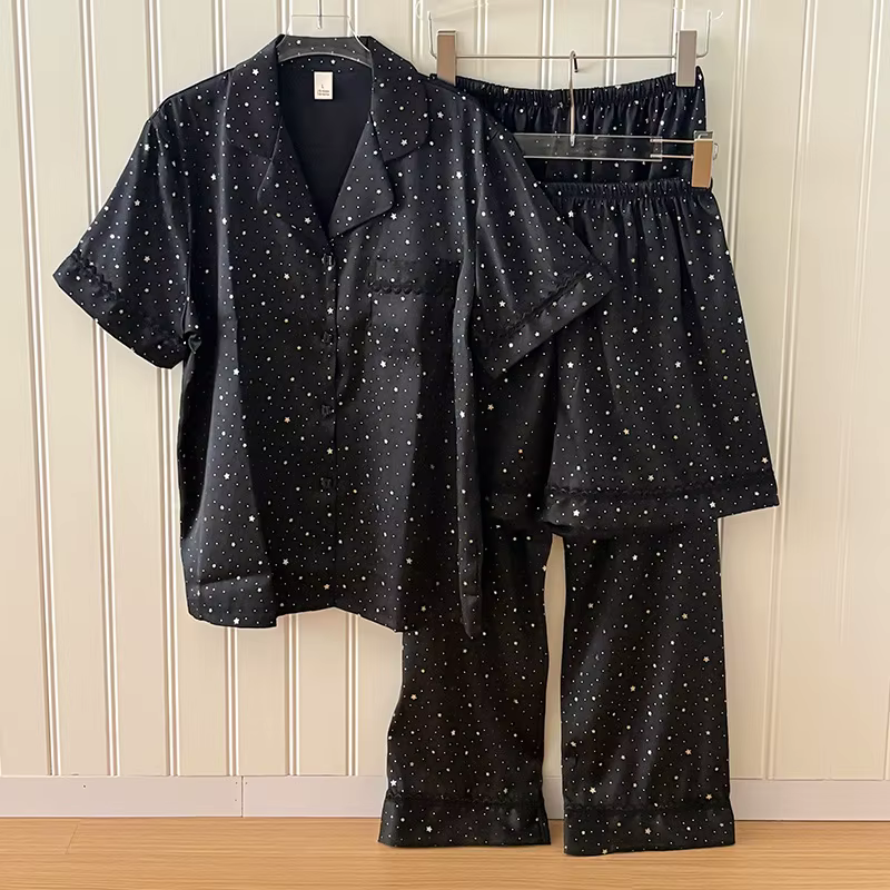 Pyjama scintillant à manches courtes 2026 pour femme, ensemble trois pièces avec revers, peut être p
