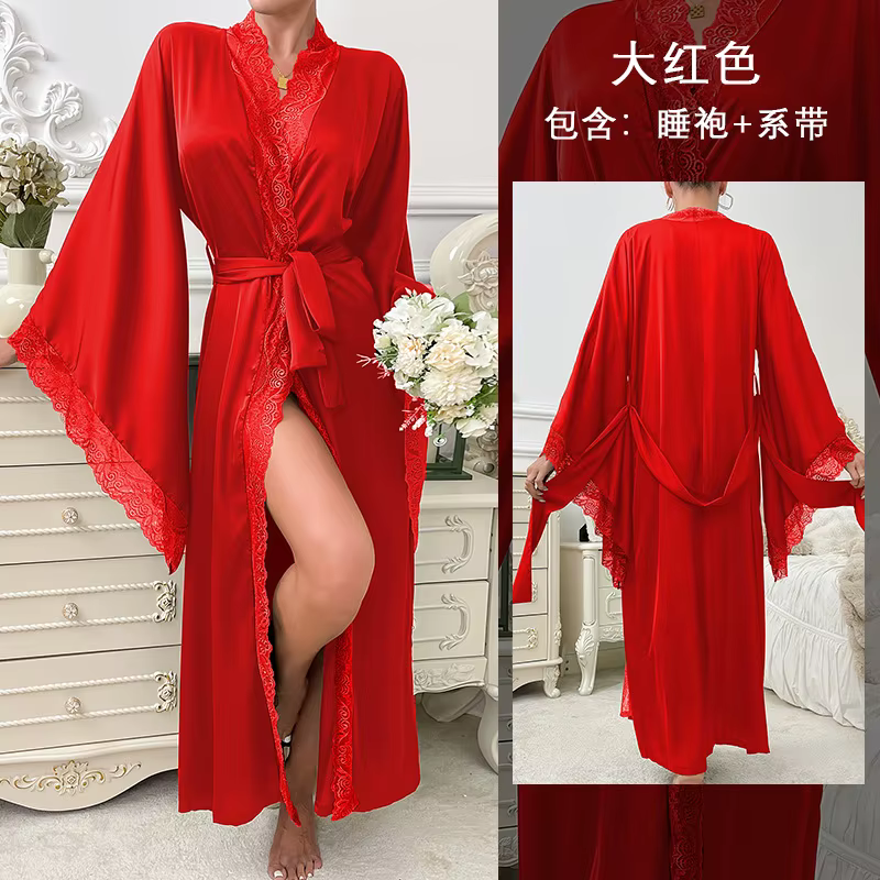 Nouveau Satin Long pyjamas pour femmes dentelle luxueux manches longues sensation de fraîcheur Robe 