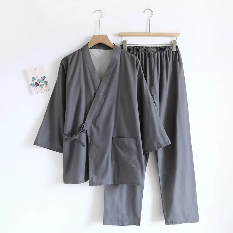 Ensemble de pyjamas kimono pour hommes, robes fines, coton, coupe At, grande taille, manches mi-long
