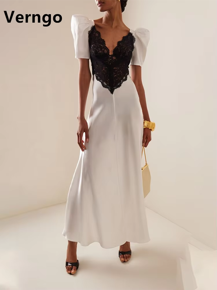 Verngo-Robe de Soirée en Dentelle pour Femme, Col en V, Manches Courtes Bouffantes, Tenue de Bal Sim