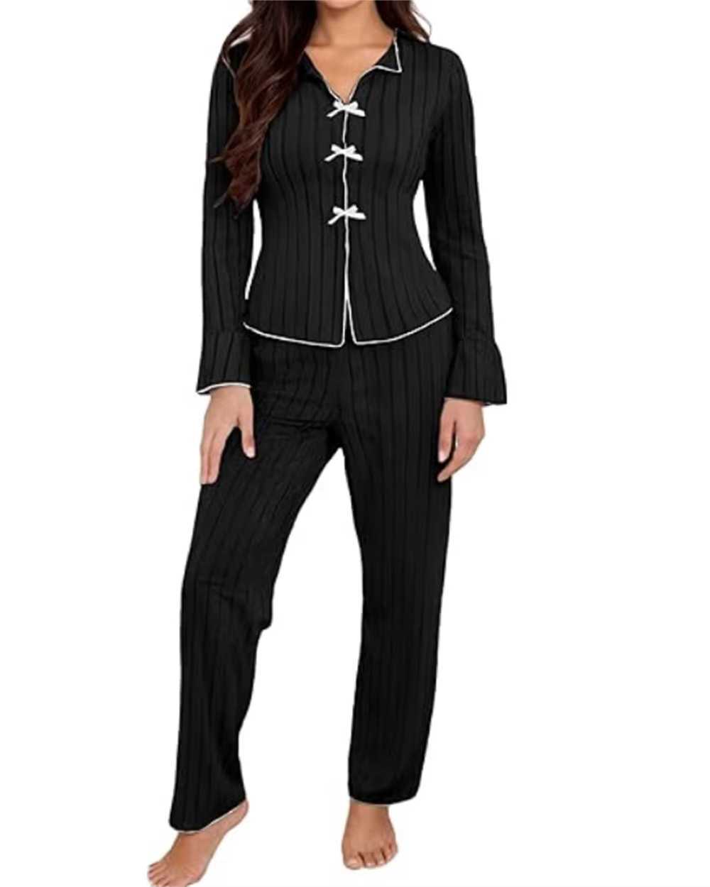 Ensemble de pyjama en tricot côtelé à manches longues pour femmes, haut boutonné et pantalon long, e